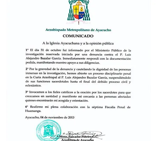 El comunicado del Arzobispo de Ayacucho