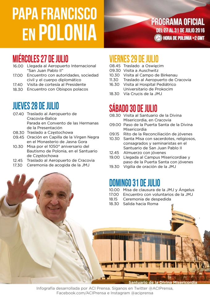 [INFOGRAFÍA] Programa oficial de la del Papa Francisco a Polonia por la JMJ Cracovia 2016