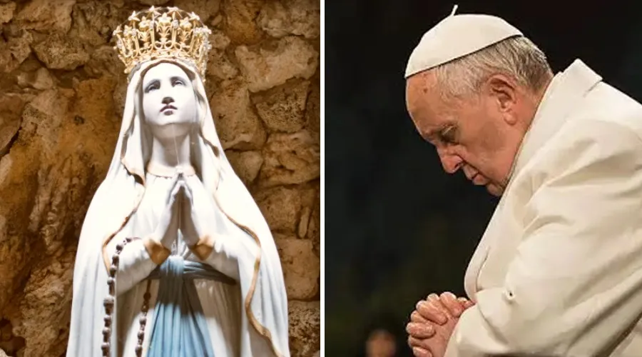 Imagen referencial de la Virgen de Lourdes y el Papa Francisco rezando. Crédito: Pixabay / L'Osservatore Romano.