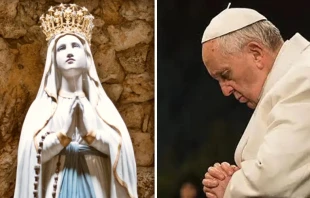 Imagen referencial de la Virgen de Lourdes y el Papa Francisco rezando. Cru00e9dito: Pixabay / L'Osservatore Romano. 