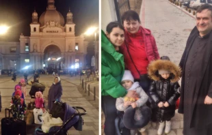 El P. Grzegorz Draus y refugiados en Ucrania. Cru00e9dito: Ayuda a la Iglesia Necesitada (ACN). 