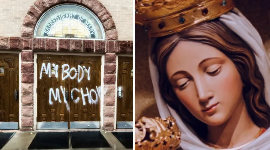 Parroquia Sagrado Corazón de María pintada con frases a favor del aborto en Estados Unidos, e imagen referencial de la Virgen María. Crédito: Arquidiócesis de Denver y Anna Hecker / Unsplash.