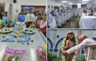 Misioneras de la Caridad, el Arzobispo de Calcuta y la tumba y estatua de Madre Teresa de Calcuta en India. Crédito: Facebook - Arquidiócesis de Calcuta. 