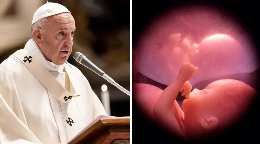 Imagem referencial do Papa Francisco no Vaticano;  um bebê de 30 semanas no ventre da mãe.  Crédito: Daniel Ibáñez- ACI Prensa (esquerda) / Wikimedia Commons - Ivon19 (CC-BY-SA-4.0) (direita).