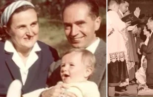 Santa Gianna Beretta y su esposo Pietro Molla con uno de sus hijos y en su matrimonio. Cru00e9dito: Cortesu00eda de Gianna Emanuela, hija de Santa Gianna Beretta. 