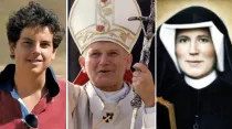 El Beato Carlo Acutis, el Papa San Juan Pablo II y Santa Faustina Kowalska. Crédito: Asociación Carlo Acutis, Vatican Media y la Archidiócesis de Granada.