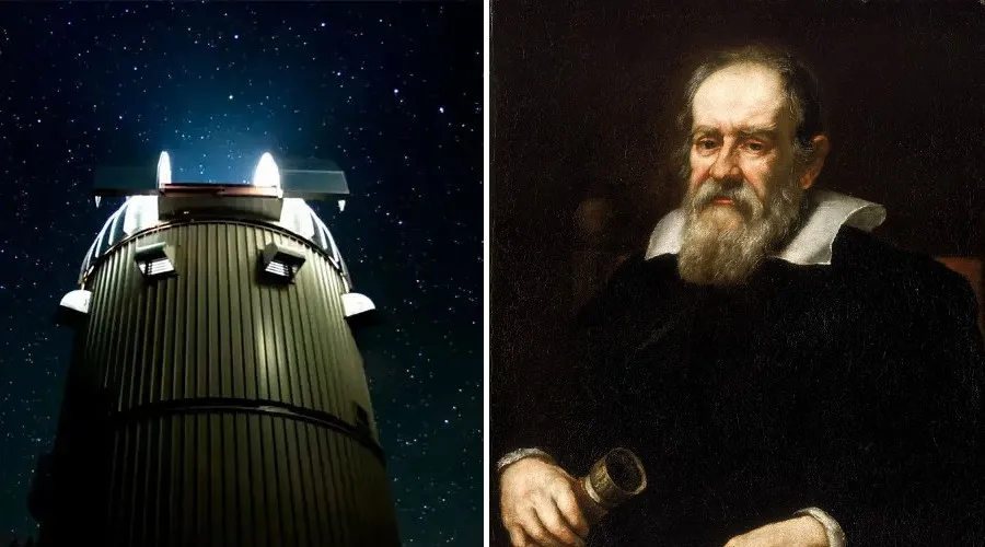 Telescopio del Observatorio Astronómico Vaticano en Arizona y retrato del siglo XV de Galileo Galilei. Crédito: Vatican Media y Dominio Público.