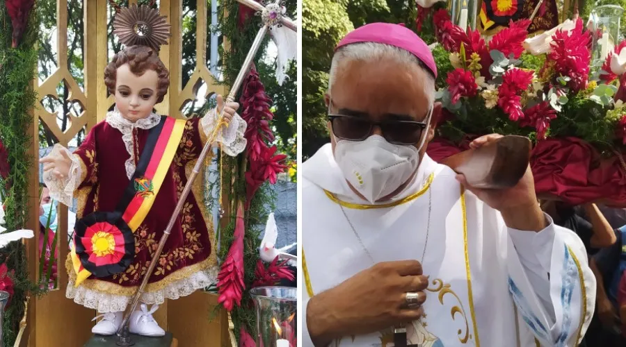 El primer Obispo de Petare, Venezuela, lleva en brazos el anda del Dulce Nombre de Jesús el día de su toma de posesión. Crédito: Twitter de la Arquidiócesis de Caracas.