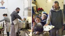 Franciscano cocinando en pandemia y franciscano sirviendo alimentos antes de la pandemia en 2017, en Friar Benet's Kitchen, Inglaterra. Crédito: Facebook Canning Town Franciscans.