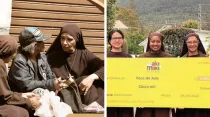 Religiosas del proyecto "Hermanas de la Toca de Asís" con una persona indigente y recibiendo el premio de Waki Maki. Crédito: Cortesía del P. Juan Carlos Vásconez.
