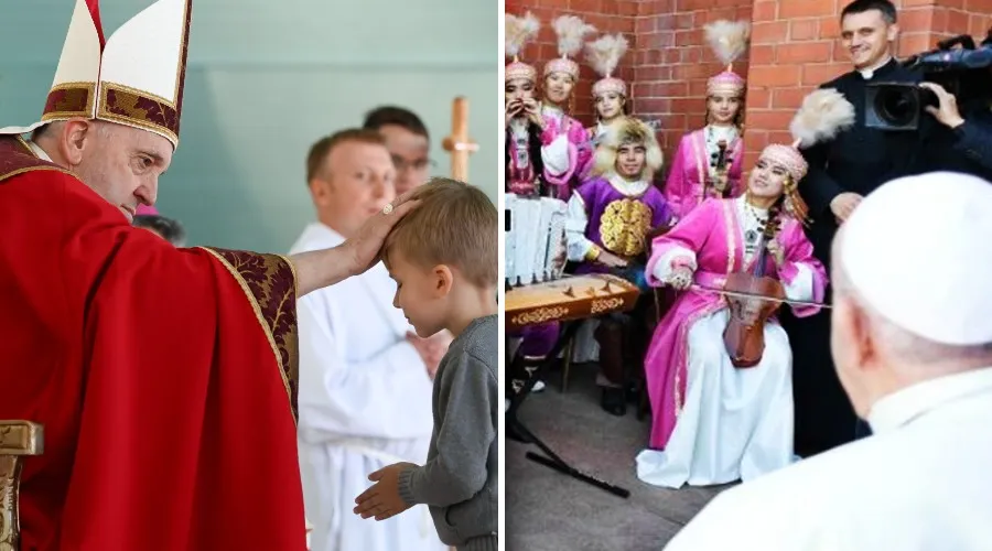 El Papa Francisco bendice niño en Misa en Kazajistán y el Papa Francisco escucha a familia musulmana de músicos. Crédito: Vatican Media.