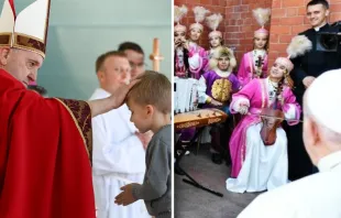 El Papa Francisco bendice niño en Misa en Kazajistán y el Papa Francisco escucha a familia musulmana de músicos. Crédito: Vatican Media. 