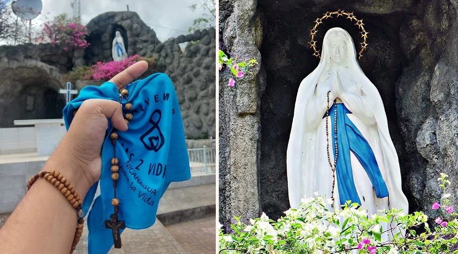 Walter Gómez sosteniendo un rosario y un pañuelo provida (izq.) y la Virgen de Lourdes (der.). Crédito: Instagram de Walter Gómez y Santuario Arquidiocesano Virgen De Lourdes (Nicaragua).?w=200&h=150