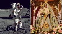 Imagen referencial de astronauta en la luna y Virgen de la Luna.  Crédito: Unsplash (der.) y Facebook de la Cofradía Virgen de la Luna de Pozoblanco (izq.)