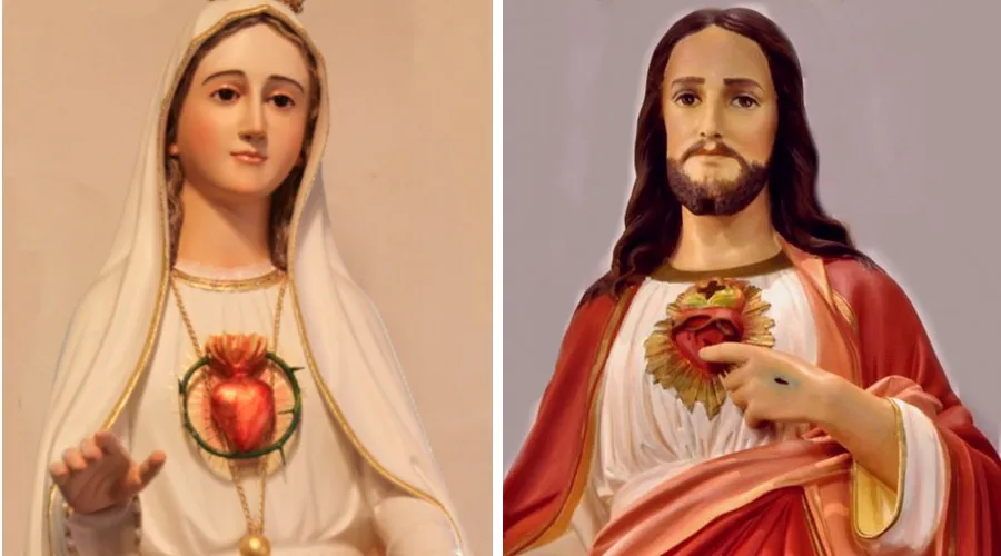 Imagen editada. El Inmaculado Corazón de María y Sagrado Corazón de Jesús en la Iglesia Santa María (Ohio) . Crédito: Lawrence OP-Flickr(CC BY-NC-ND 2.0) y Nheyob- Wikimedia(CC BY-SA 3.0).
