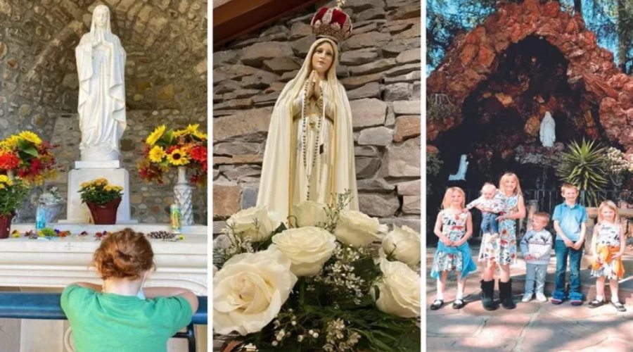 De izq. a der.: Miembro de la familia Jaminet, estatua de la Virgen de Fátima en EWTN; la familia Tierney y la Virgen de Lourdes. Credito: Cortesía de las familias Jaminet, Tierney y el P.Zeller/EWTN.?w=200&h=150