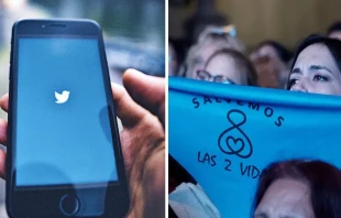 Imagen referencial de logo de Twitter y multitud provida reunida en 2018 durante la votaciu00f3n del proyecto de despenalizaciu00f3n del aborto en Argentina. Cru00e9dito: Christian Lue/Unsplash y Unidad Provida. 