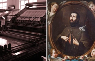 Imagen referencial de imprenta (izq.) y pintura de San Francisco Javier de Miguel Cabrera (der.). Cru00e9dito: Pixabay / Wikimedia Commons - Dominio pu00fablico.  
