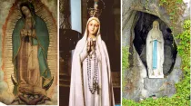 Pintura original de la Virgen de Guadalupe, imágenes de la Virgen de Fátima y de la Virgen de Lourdes. Crédito: Dominio Público, Wikimedia Commons (CC BY-SA 2.0) y (CC BY-SA 4.0).
