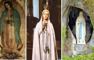 Pintura original de la Virgen de Guadalupe, imágenes de la Virgen de Fátima y de la Virgen de Lourdes. Crédito: Dominio Público, Wikimedia Commons (CC BY-SA 2.0) y (CC BY-SA 4.0). 