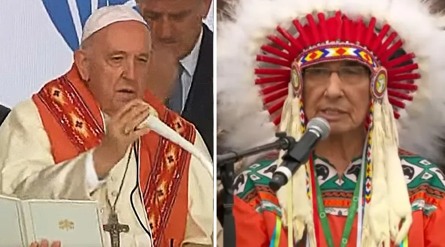 El Papa Francisco y Wilton Littlechild en Maskwacis, Alberta, Canadá el 25 de julio de 2022. Crédito: Captura de video / Vatican Media.