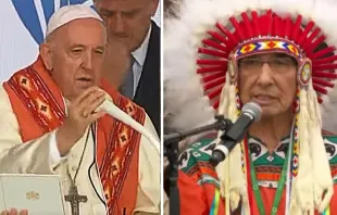 El Papa Francisco y Wilton Littlechild en Maskwacis, Alberta, Canadá el 25 de julio de 2022. Crédito: Captura de video / Vatican Media. 