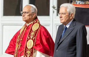 El Papa León XIV se reúne con el presidente italiano Sergio Mattarella durante su primera visita de Estado al país que rodea a la Ciudad del Vaticano, el 14 de octubre de 2025. Crédito: Daniel Ibáñez/EWTN News.
