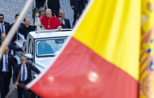 El Papa León XIV visto junto a la bandera de España el 8 de diciembre de 2025 Crédito: Daniel Ibáñez / EWTN News.
