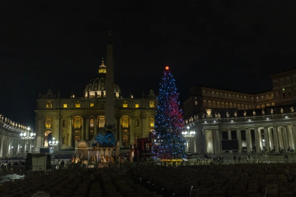 La tradicional ceremonia de encendido del árbol en el Vaticano tuvo lugar este lunes. Crédito: Daniel Ibañes/EWTN News