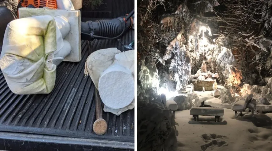 Restos de la gruta e imágenes de la Virgen de Fátima (izq.) y Gruta mariana intacta el 3 de enero de 2022 (der.). Crédito: Diócesis de Arlington / Facebook de la Iglesia de la Natividad.
