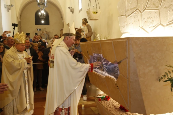El Cardenal Parolin reza ante la tumba del joven santo Acutis. Crédito: Diócesis de Asís