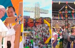 Foto : Papa bendice cruz misionera - Cruz dorada - Procesiu00f3n colorida / Cru00e9dito : Capturas de Youtube CTV  Capturas de Youtube CTV