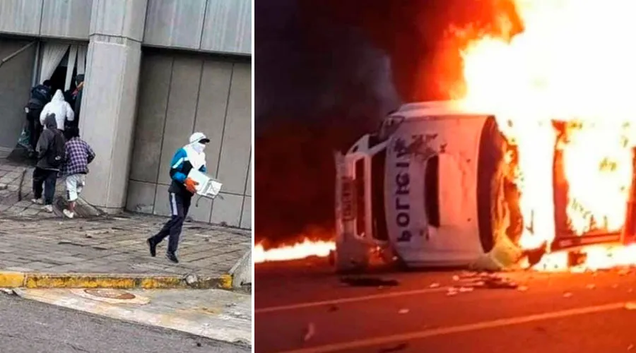 Robos e incendios de patrulleros policiales durante la protesta en Ecuador (2022). Crédito: Fiscalía de Ecuador