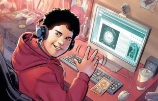 Portada de u201cDiscu00edpulo digital: Carlo Acutis y la Eucaristu00edau201d. Cru00e9dito: Cortesu00eda de Voyage Comics & Publishing 