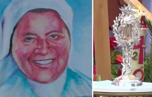 Imagen de Aguchita y una reliquia suya en la beatificaciu00f3n. Captura Youtube Aguchita Rivas Lu00f3pez 