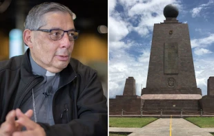 Mons. Alfredo Espinoza. Cru00e9dito: Daniel Ibu00e1u00f1ez - ACI Prensa / Monumento de la mitad del mundo. Cru00e9dito: Dominio pu00fablico 