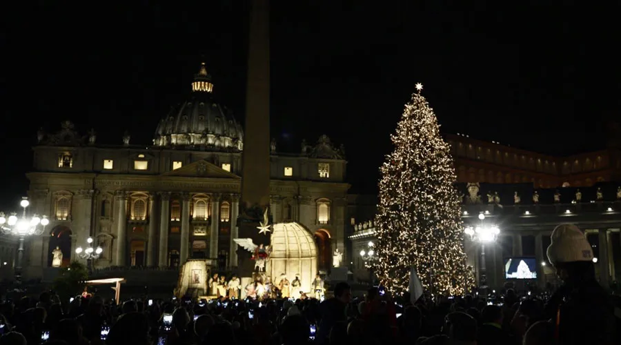 El árbol de Navidad y el Pesebre de la Plaza de San Pedro. Foto: Daniel Ibáñez / ACI Prensa