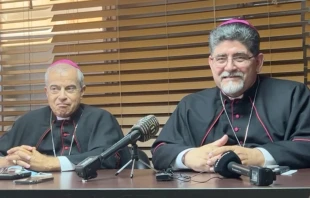 Mons. Roberto Gonzu00e1lez Nieves y Mons. Alberto Figueroa Morales, en conferencia de prensa este 14 de septiembre. Cru00e9dito: Captura de video / Diu00f3cesis de Arecibo. 