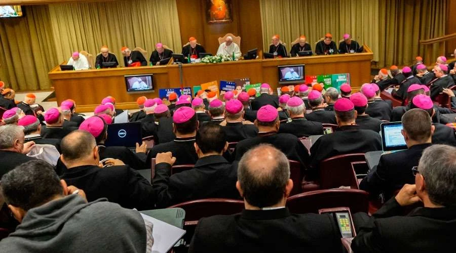 El aula del Sínodo en el Vaticano durante una de las sesiones en octubre de 2019. Crédito: Daniel Ibáñez / ACI Prensa?w=200&h=150