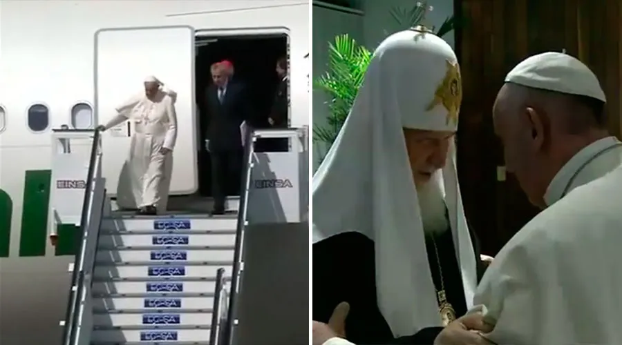 El Papa baja del avión que lo llevó a Cuba / El Papa saluda al Patriarca Kirill. Imágenes capturas Youtube?w=200&h=150