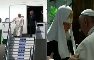 El Papa baja del aviu00f3n que lo llevu00f3 a Cuba / El Papa saluda al Patriarca Kirill. Imu00e1genes capturas Youtube 
