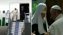 El Papa baja del avión que lo llevó a Cuba / El Papa saluda al Patriarca Kirill. Imágenes capturas Youtube