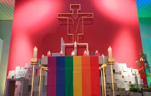 Bandera del lobby LGBT en la Iglesia juvenil en Wu00fczburg, Alemania, este 10 de mayo. Cru00e9dito: Gehrig / CNA Deutsch 