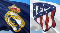 Banderas con los emblemas del Real Madrid y del Atlético de Madrid. Crédito: jorono / Pixabay.