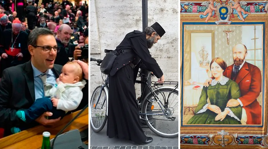 El bebé del Sínodo. Foto: L'Osservatore Romano / Obispo va al Sínodo en bicicleta. Foto: ACI Prensa / Los santos padres de Santa Teresa de Lisieux. Foto: ACI Prensa.