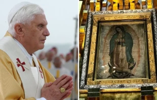 Benedicto XVI. Cru00e9dito: Vatican Media / Imagen original de la Virgen de Guadalupe. Cru00e9dito: David Ramos / ACI Prensa. 