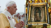 Benedicto XVI. Crédito: Vatican Media / Imagen original de la Virgen de Guadalupe. Crédito: David Ramos / ACI Prensa.