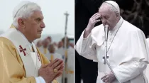 Benedicto XVI. Crédito: Vatican Media. Papa Francisco. Crédito: Daniel Ibáñez / ACI Prensa