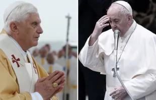Benedicto XVI. Crédito: Vatican Media. Papa Francisco. Crédito: Daniel Ibáñez / ACI Prensa 