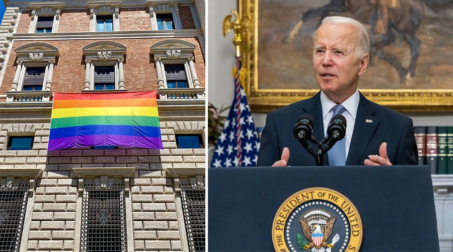 Embajada de Estados Unidos ante la Santa Sede con la bandera del "orgullo gay" / Presidente Joe Biden | Crédito: U.S. Embassy to the Holy See (Vatican) / The White House?w=200&h=150